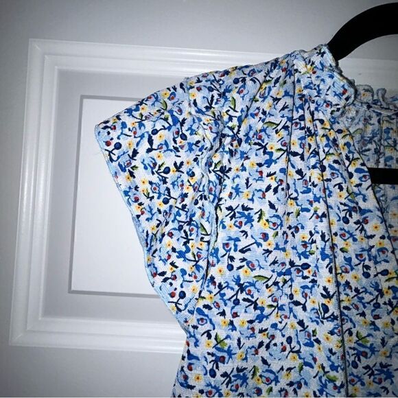 Melloday Ditsy Floral Print Ruffle Cap Sleeves Split Neckline Blouse Top - Picture 3 of 5